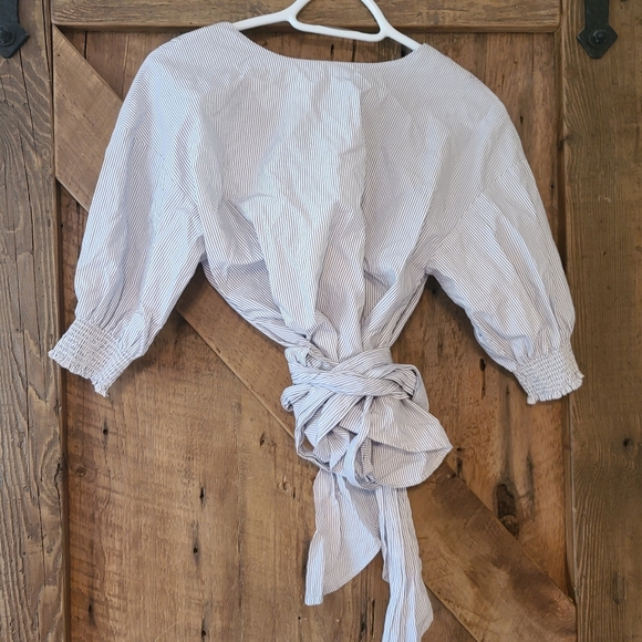 Aritzia Babaton Thenardier Wrap Plunge Blouse Blue Harbour Stripes M - Picture 4 of 5